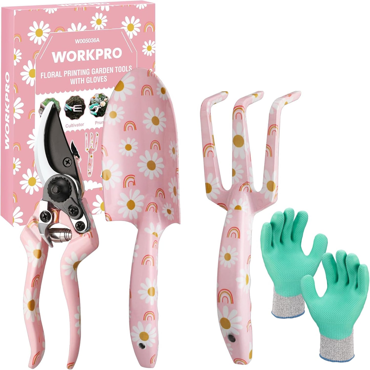 WORKPRO Gartenwerkzeug Set 4-tlg. – Gartengeräte Set mit Handschuhen & Geschenkverpackung, Rosa