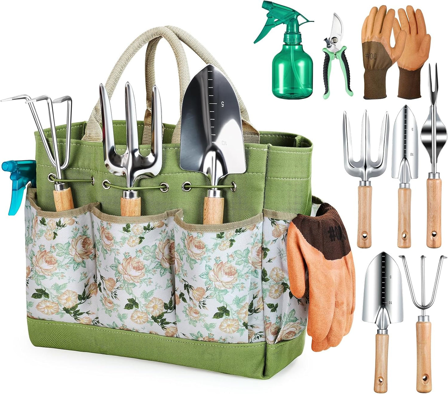 Grenebo Gartenwerkzeug Set 9-tlg. – Gartengeräte mit Organizer Tasche, Gartenzubehör für Gartenliebhaber