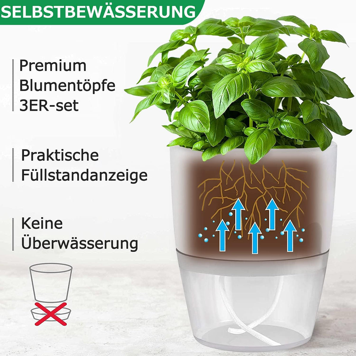 iDattel Kräutertopf 3er Set mit Selbstbewässerung – Küchen Kräutergarten für Fensterbank, Weiß, 18,2 x 11 x 15,3 cm