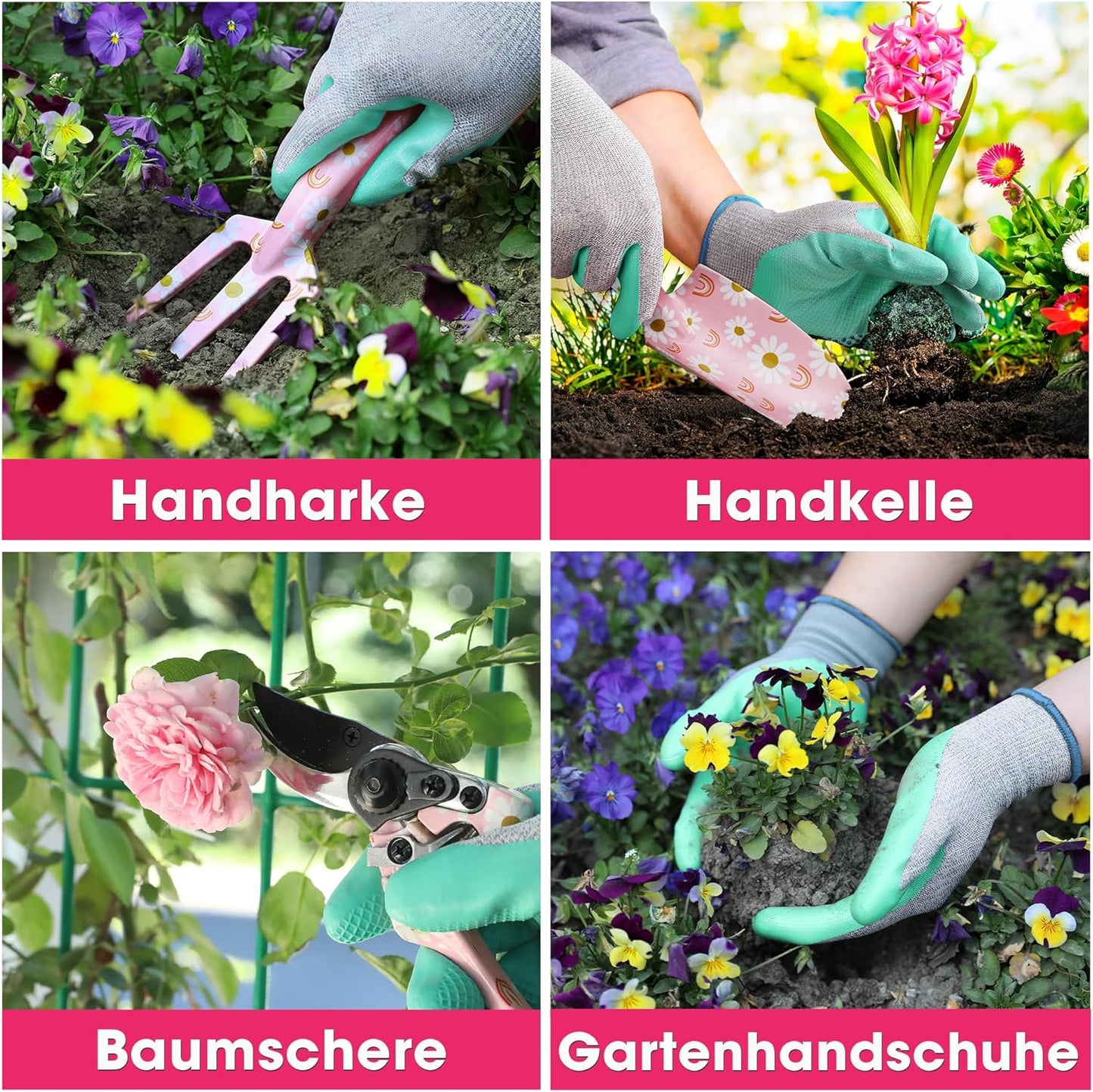 WORKPRO Gartenwerkzeug Set 4-tlg. – Gartengeräte Set mit Handschuhen & Geschenkverpackung, Rosa